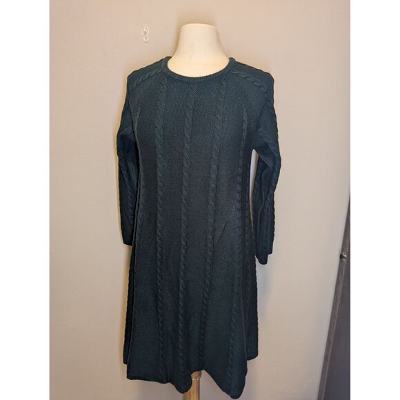 JH Design Medium Green Cable Knit Sweater Dress With 3/4 Sleeves & Round Neck - Picture 1 of 4